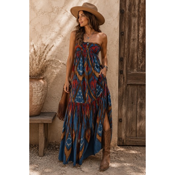 Free People Dresses & Skirts - Free People Strapless Ikat Maxi Dress Blue Rust Boho Smocked Tiered XS